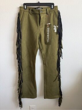VALABASAS Olive Green Fringe Boot Cut Pants